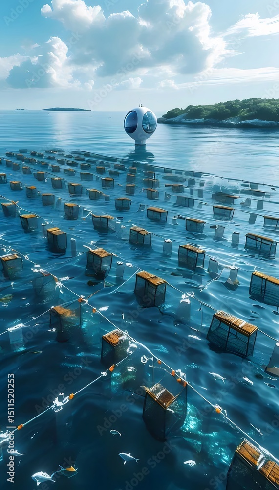 Poster 未来的な水上都市の青い海と島々 幾何学的な構造と光の反射 詳細な視点