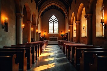Fototapeta premium Warm candlelight illuminates a serene church interior, casting soft shadows on aged stone walls and pews The peaceful ambiance evokes faith and tranquility , worship, vintage, stone