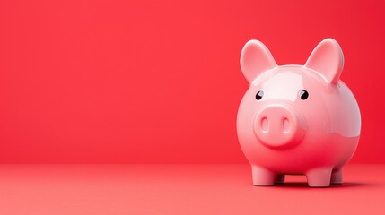 Cute pink piggy bank sits on vibrant red background, symbolizing savings and financial planning