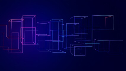 Obraz premium Abstract Geometric Background with Neon Outlined Cubes in Gradient Colors on Dark Blue Perfect for Technology Science or Modern Design Projects and Presentations