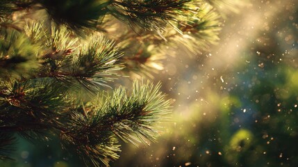 Fototapeta premium Dappled sunlight through pine needles with swirling bokeh and pollen particles for outdoor wellness branding, eco-tourism apps, and forest therapy campaign visuals. 