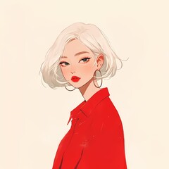 Anime illustration woman portrait, white hair, red shirt, hoop earrings, plain background.