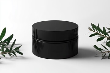 Black cosmetic jar, minimalist aesthetic,  with greenery