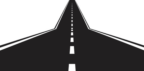 A black and white silhouette of a straight road with dashed lines gently into the distance, evoking depth and journey.