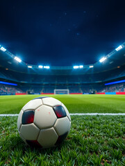 Fototapeta premium Soccer ball on green grass field in night stadium with bright blue floodlights and starry sky. Professional football arena with spotlights. Sports competition background with copy space