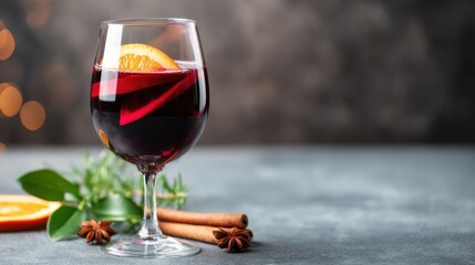 A glass of spiced red wine garnished with citrus and spices against a blurred background.