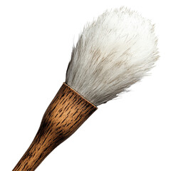 Close-up of a traditional shaving brush featuring soft white bristles and wooden handle