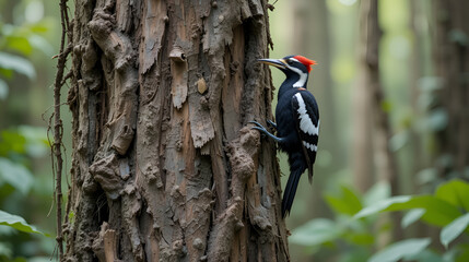 Rare Ivory Billed Woodpecker with Striking Black and White Plumage Clinging to the Trunk of an Ancient Tree in a Swamp Forest with Copy Space