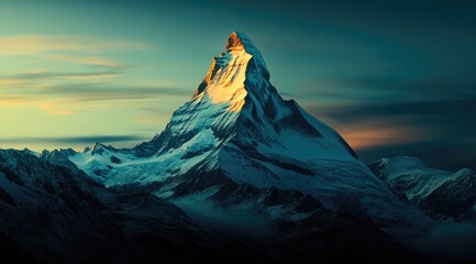 Majestic mountain peak bathed in golden sunrise