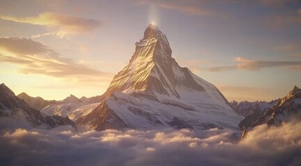 Majestic mountain peak bathed in golden sunset light, clouds swirling below