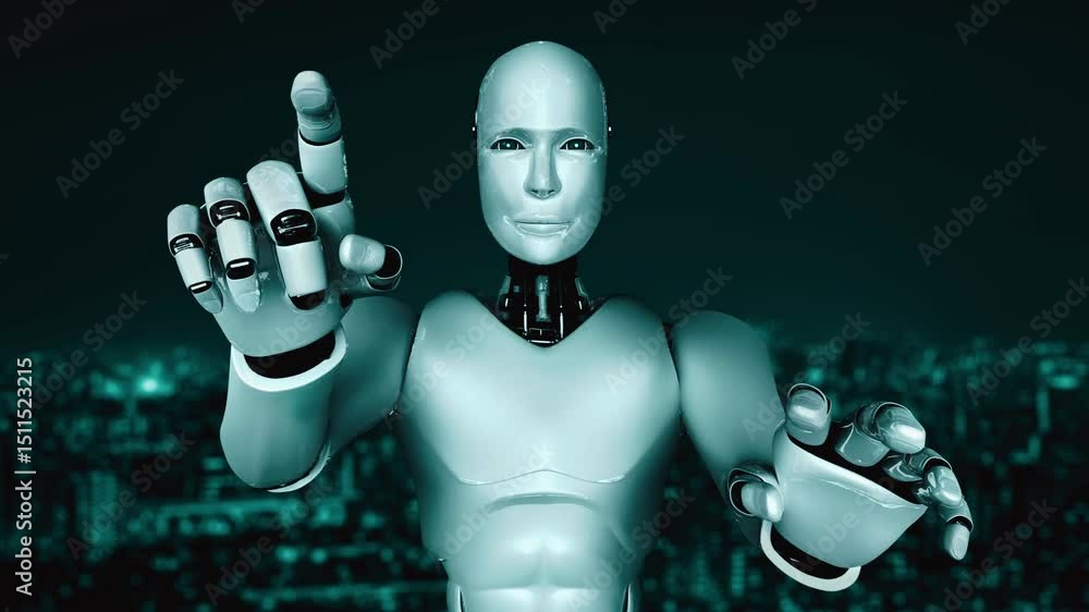 Poster futuristic robot artificial intelligence huminoid ai for industrial factory technology development a