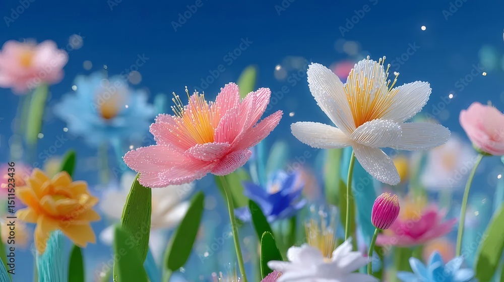Aufkleber 青い背景に咲き乱れる色とりどりの花 立体的な花びらと輝く光が織りなす幻想的な風景