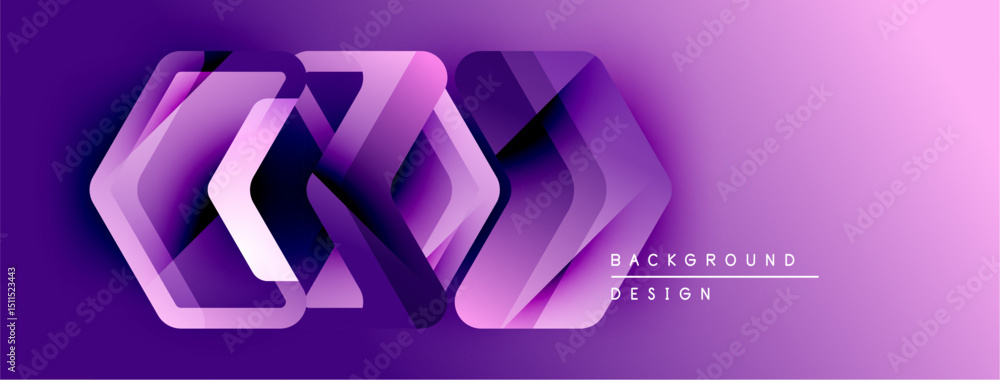Aufkleber Abstract purple design features layered hexagons. Modern geometric pattern creates dynamic visual effect. Background includes text elements.