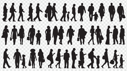 Collection of diverse business people and family silhouettes walking in various poses
