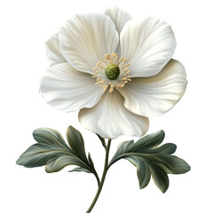 Elegant white anemone flower illustration with detailed stem and leaves artwork