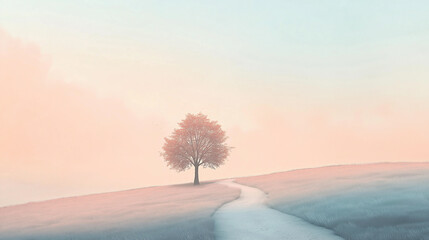 Serene landscape with a lone tree and winding path under pastel sky