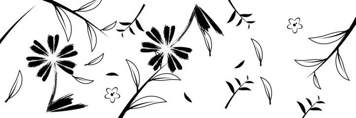 Flower abstract hand drawn brush ink stroke. Sketch hand drawn silhouette floral plant, nature graphic leaf, floral grunge abstract brush.