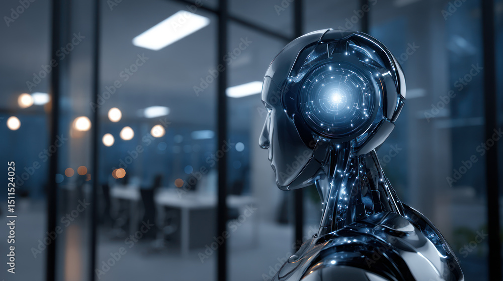 Aufkleber a highly advanced robot with an ai interface, illuminated by ambient lighting in a futuristic office