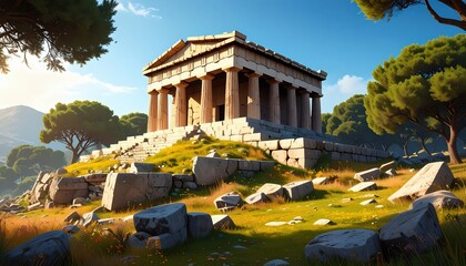 The Ancient Mausoleum of Halicarnassus in Ruins Under Blue Sky