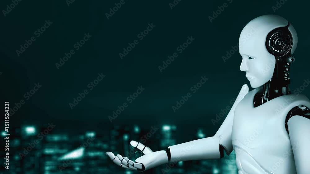 Poster ai robot huminoid uses cloud computing technology to store data on online server . futuristic concep