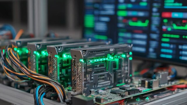 High tech computer circuit boards with glowing green components
