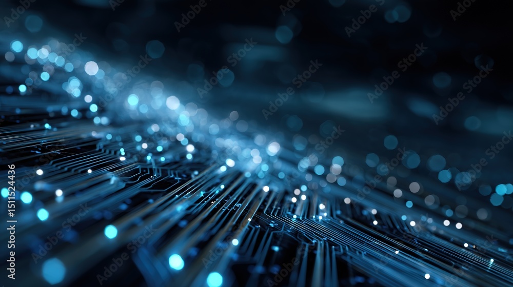 Poster blue light illuminated fibers network bright points futuristic dark background shallow depth abstrac