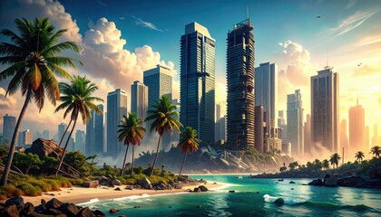 Obraz premium Tragic Scenes of a Destroyed Cityscape in Tropical Paradise Setting