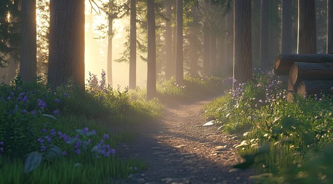 Sunbeams through a misty forest path, dappled sunlight on wildflowers - Powered by Adobe