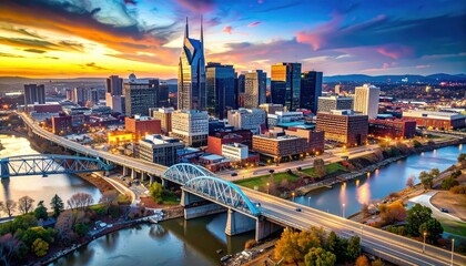 Obraz premium Beautiful Aerial View of Nashville Cityscape During Golden Hour
