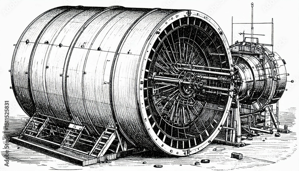 Poster historical illustration of a large particle accelerator machine
