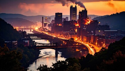 Tragic Skyline of Pittsburgh During Industrial Destruction at Dusk