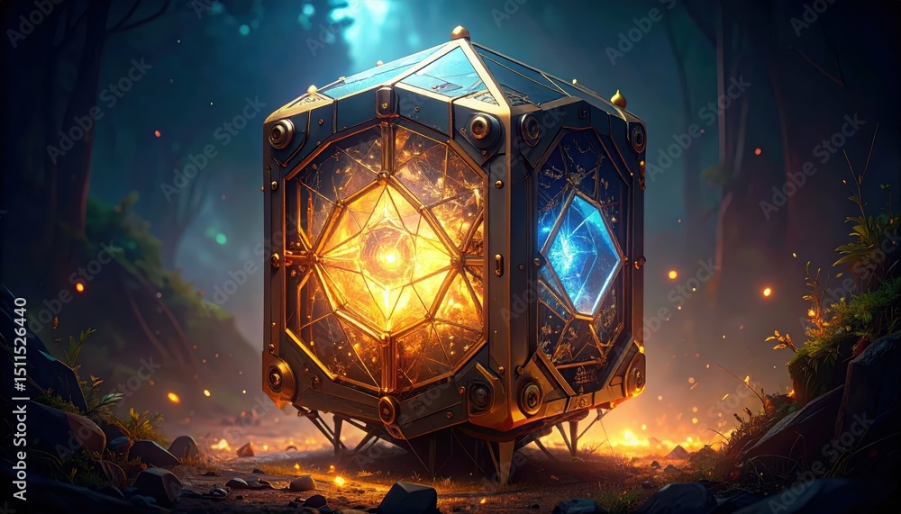 Aufkleber mysterious cube with quantum energy in enchanted forest setting