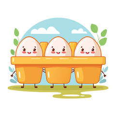 Naklejka premium egg tray in cute cartoon character style with expressive face and limbs.