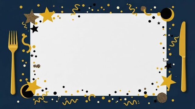 Festive table setting with gold stars and confetti on blue background  