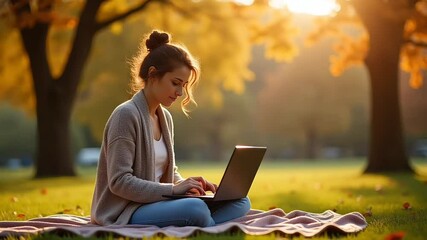 Focused woman using laptop outside during fall season  
 - Powered by Adobe