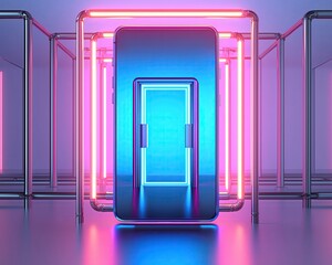 3D rendering of a smartphone device in landscape mode with digital vault door opening animation on screen
