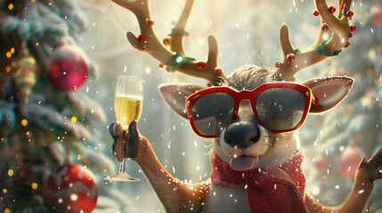 Rudolph sunglasses drunk reindeer. Hipster deer on a snowy sunlit background. Deer winter forest, a reindeer in a snowy forest with festive lights. Christmas reindeer head, dear deer. Snow deer. 