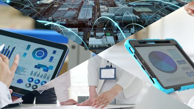 Collage video of various business scenes and communication networks - Powered by Adobe
