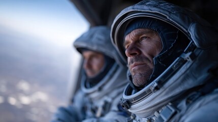 Two astronauts in futuristic spacesuits are seated inside a spacecraft, gazing out at Earth. They appear focused and contemplative as they prepare for their upcoming mission in low Earth orbit
