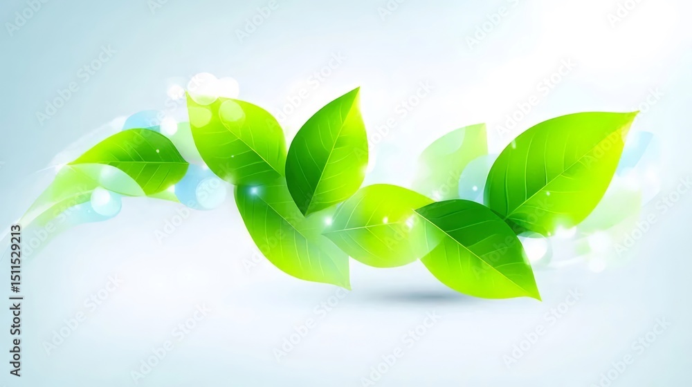 Poster 爽やかな緑の葉が舞う清々しい背景 青と白の光が差し込む自然の息吹を感じる抽象デザイン