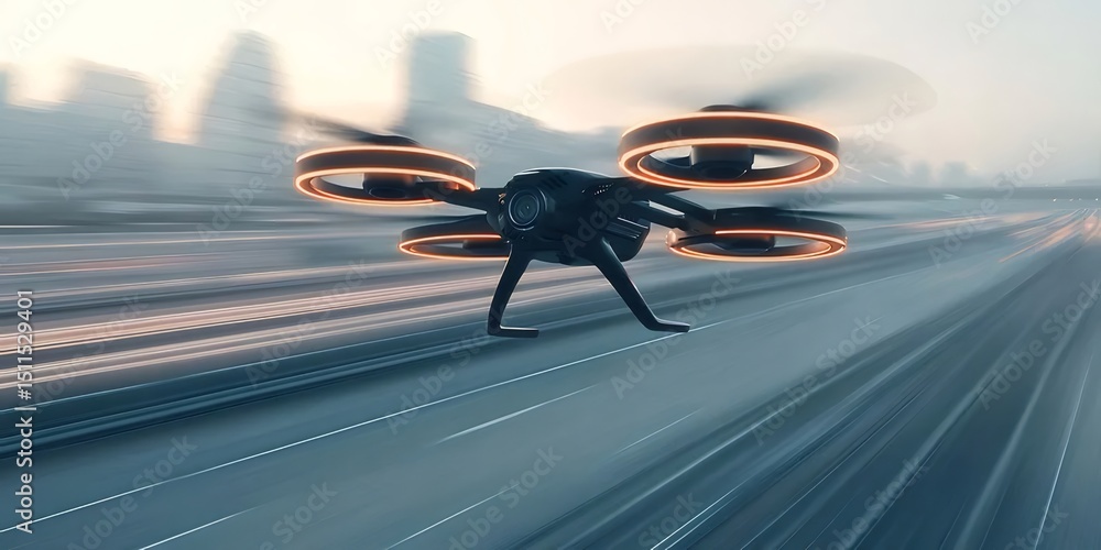 Aufkleber 未来的なドローンが都市上空を飛行 オレンジ色のライトと抽象的な背景