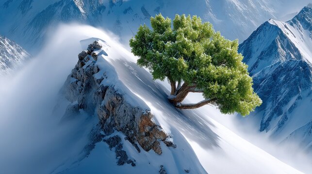 solitary green tree stands resilient on a snow-covered mountain peak, surrounded by towering, rugged mountains and soft, white clouds. scene captures the beauty of natures contrast