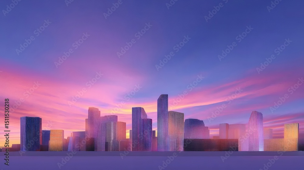 Poster 夕焼け空の下にそびえ立つ高層ビルのシルエット 鮮やかな色彩が織りなす都会の風景