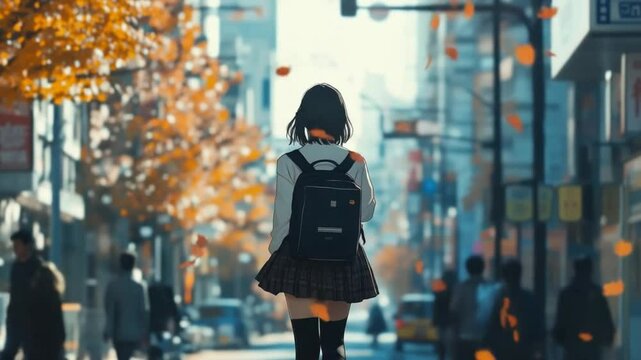 Autumn Serenade: A young woman's solitary walk amidst falling leaves in vibrant cityscape