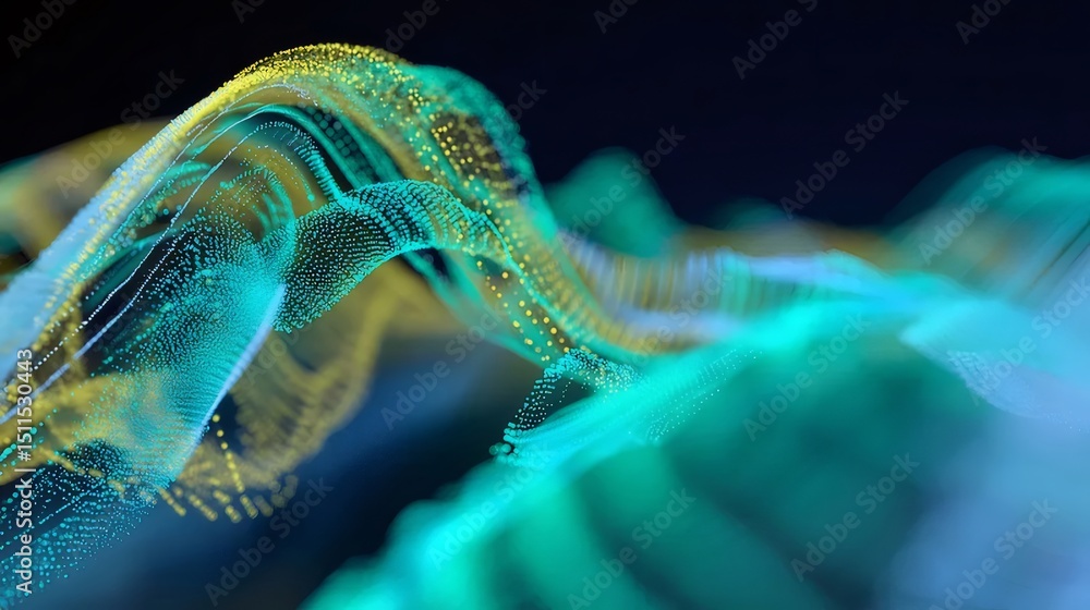 Poster 抽象的な青と黄色の光の粒子が暗い背景に流れる波状の動きを描写する