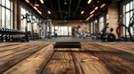 Fototapeta premium Gym interior, dark gray and black fitness equipment, wooden floor, small black roller