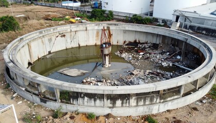 Abandoned Water Treatment Facility with Polluted Water and Debris