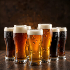 Collection of beer glasses filled with different types of beer on a background