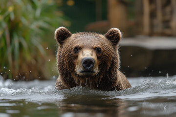 Obraz premium Brown bear swimming in river.