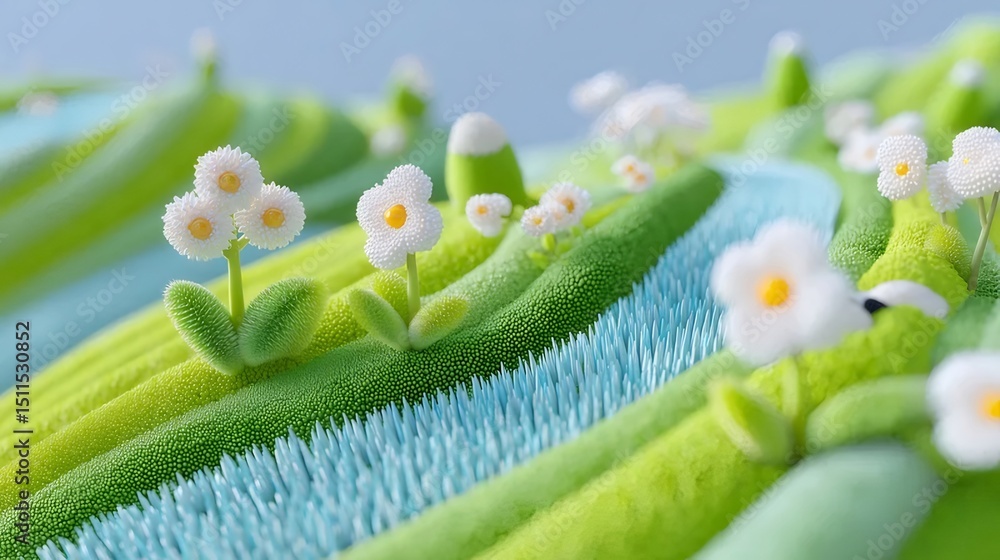 Poster カラフルな抽象的な庭の風景 白い花と緑豊かな草のクローズアップ表示